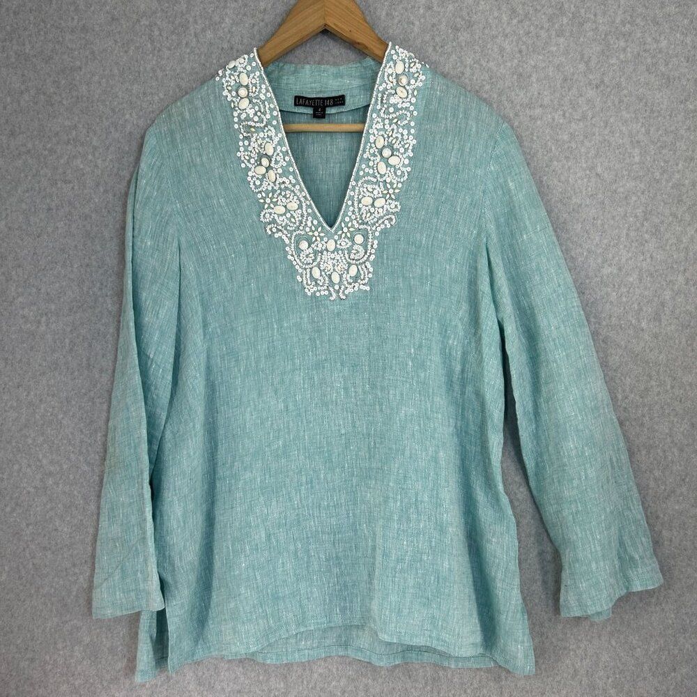 Lafayette 148 New‎ York Size 4 Blue Beaded Linen Top Long Sleeve V-Neck Blouse